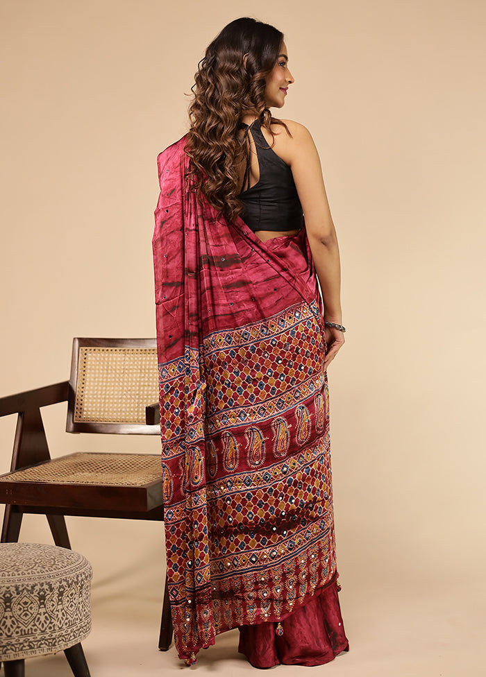 Maroon Printed Silk Saree With Blouse Piece
