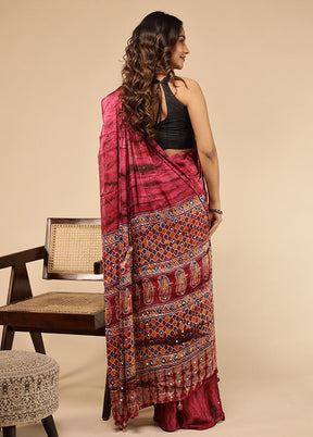 Maroon Printed Silk Saree With Blouse Piece