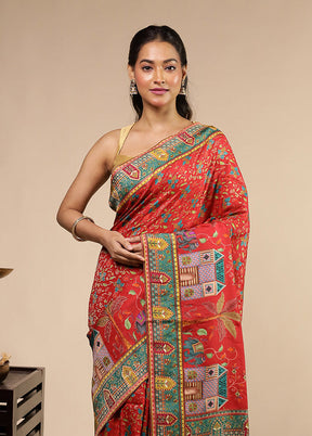 Red Dupion Silk Saree With Blouse Piece