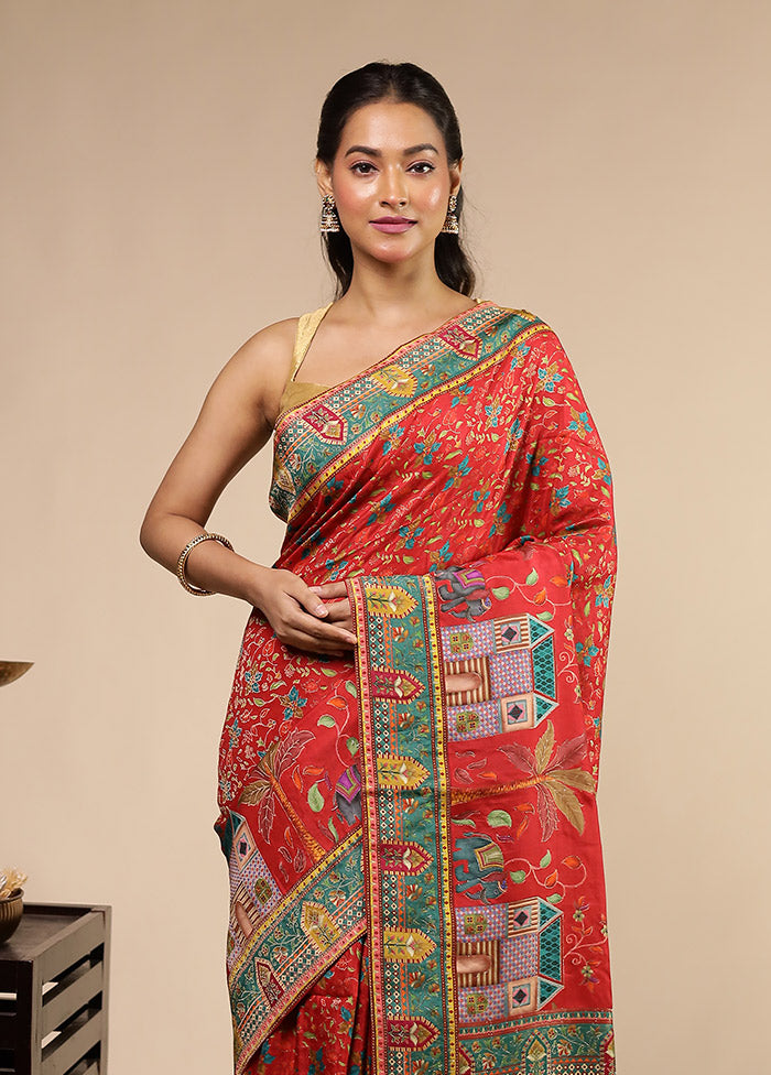 Red Dupion Silk Saree With Blouse Piece