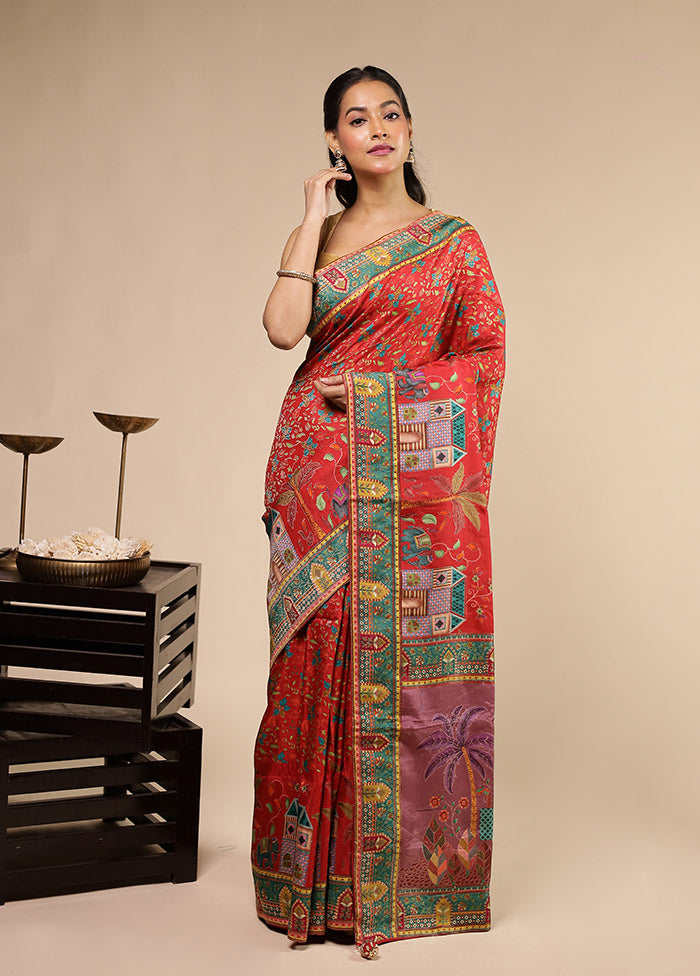 Red Dupion Silk Saree With Blouse Piece