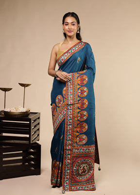 Blue Dupion Silk Saree With Blouse Piece