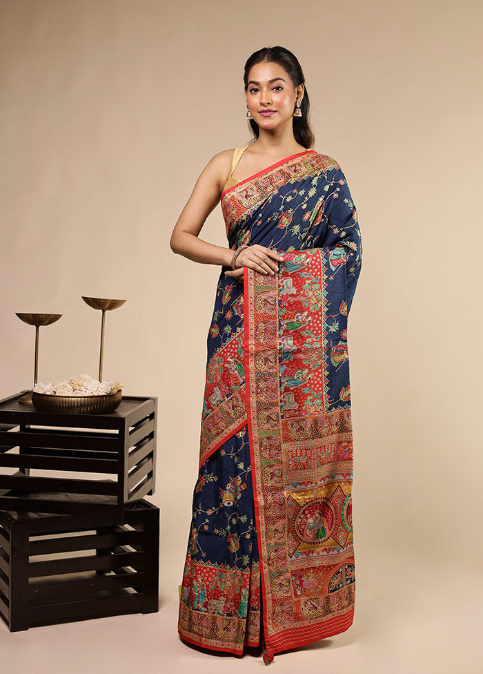 Blue Dupion Silk Saree With Blouse Piece