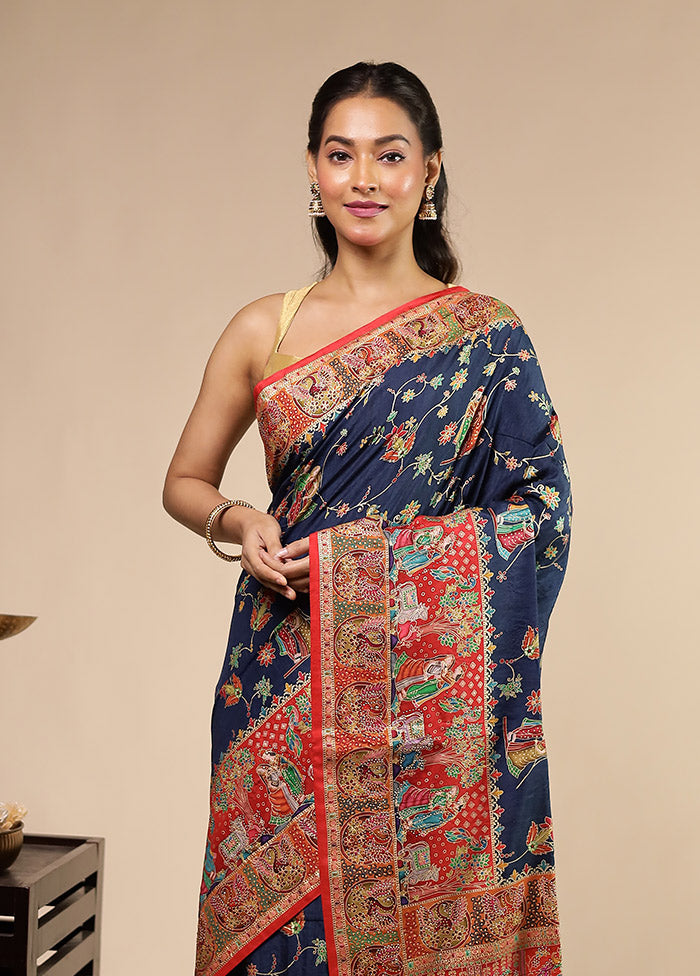 Blue Dupion Silk Saree With Blouse Piece