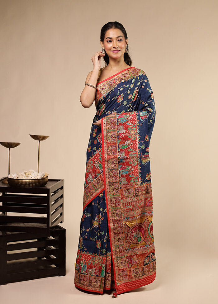 Blue Dupion Silk Saree With Blouse Piece