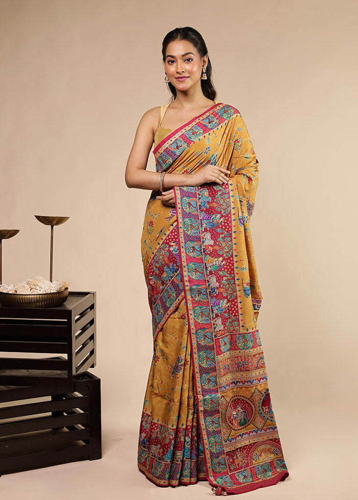 Yellow Dupion Silk Saree With Blouse Piece