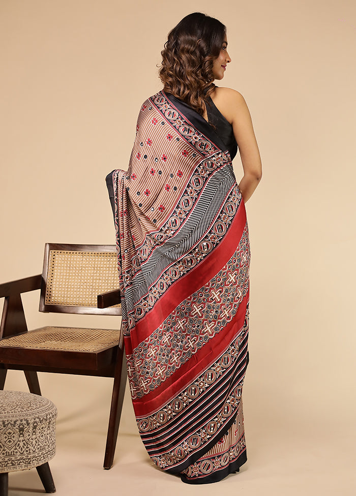 Rust Printed Silk Saree Without Blouse Piece