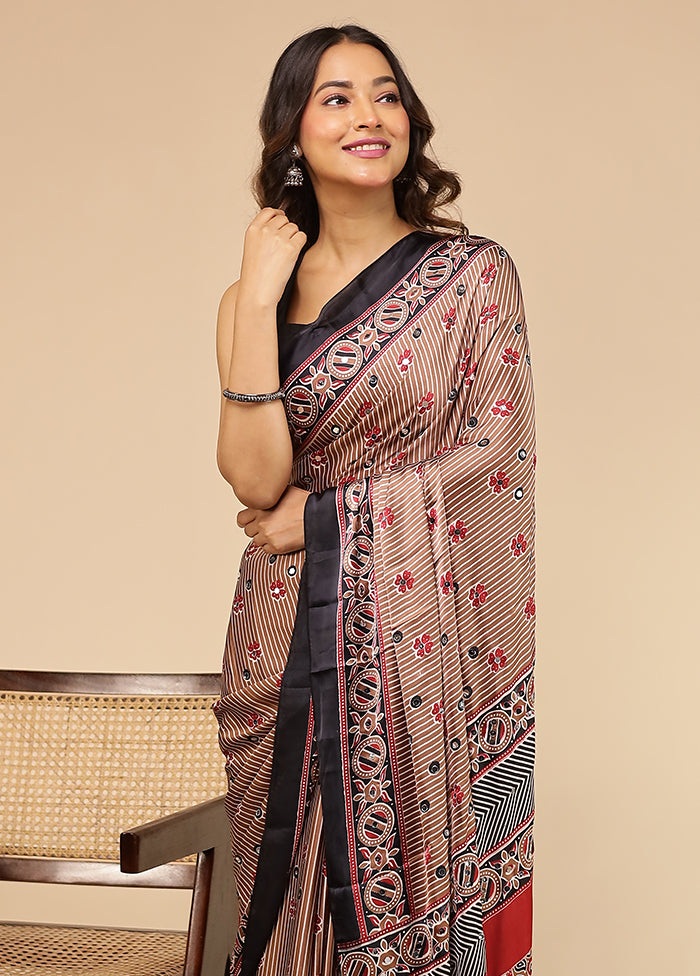 Rust Printed Silk Saree Without Blouse Piece