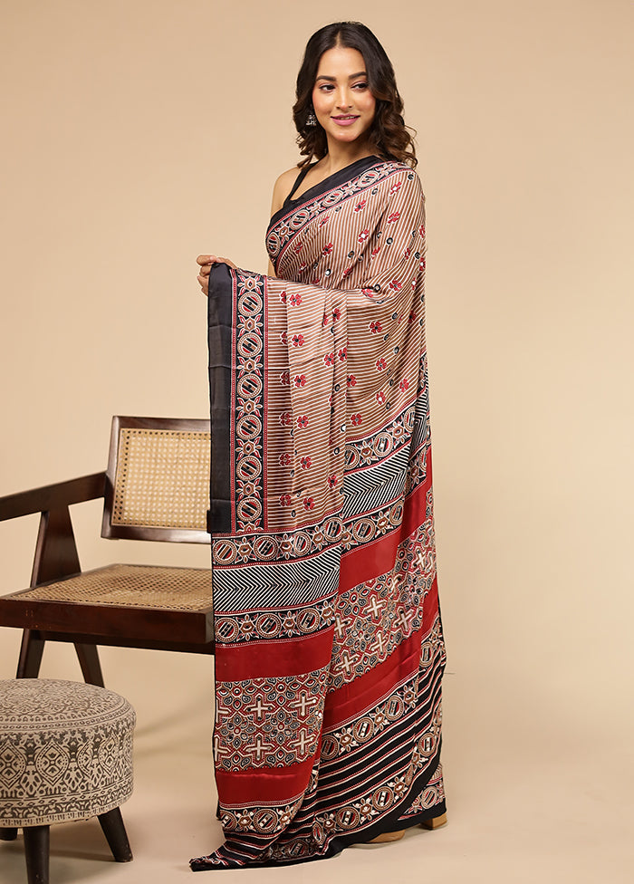 Rust Printed Silk Saree Without Blouse Piece