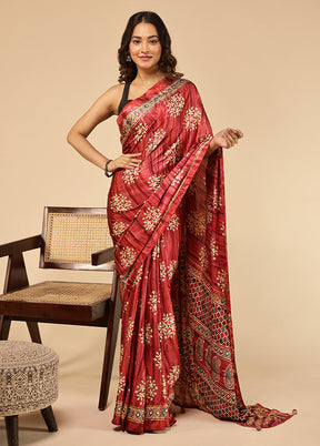 Red Printed Silk Saree With Blouse Piece