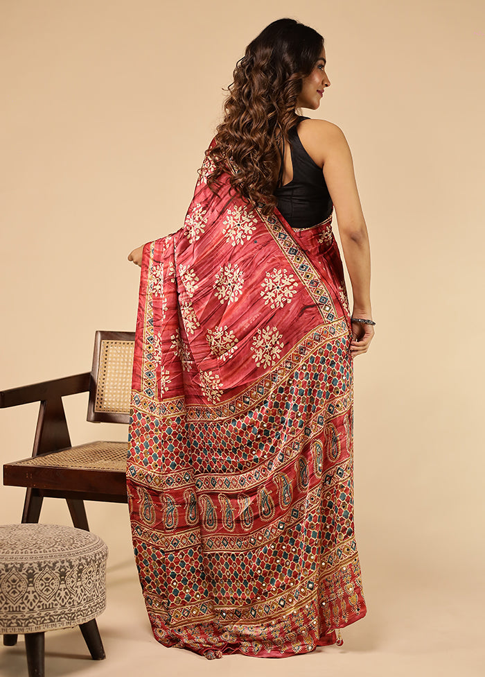 Red Printed Silk Saree With Blouse Piece