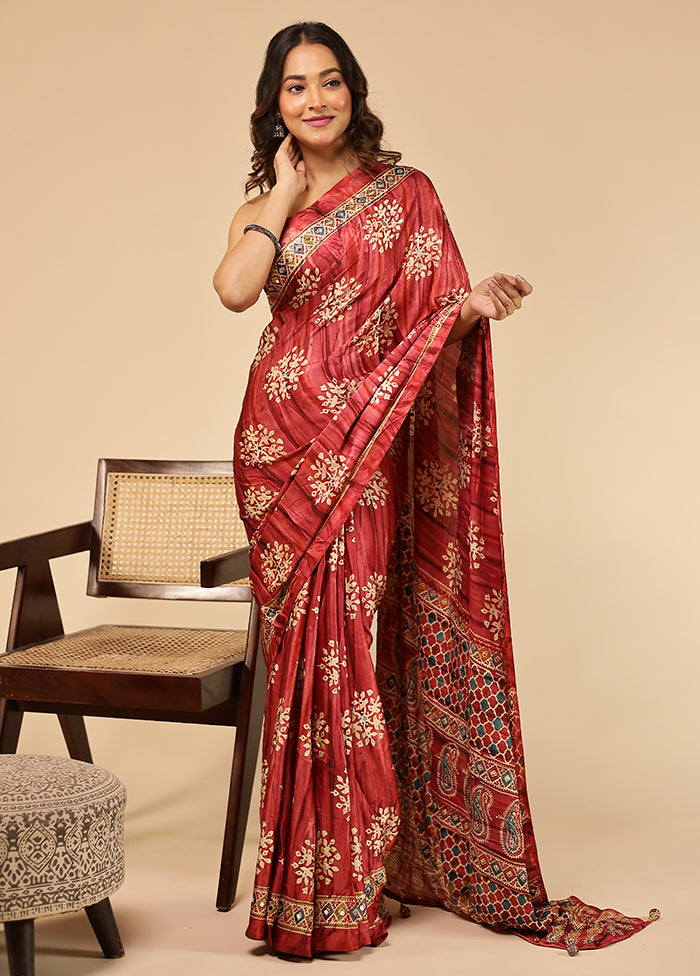 Red Printed Silk Saree With Blouse Piece