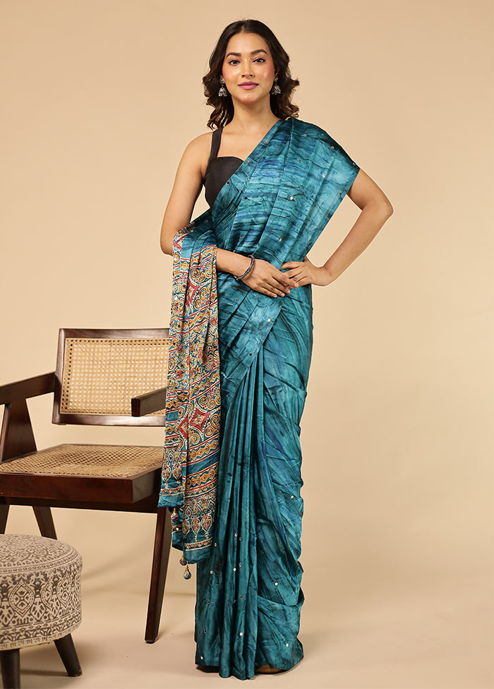 Blue Printed Silk Saree Without Blouse Piece