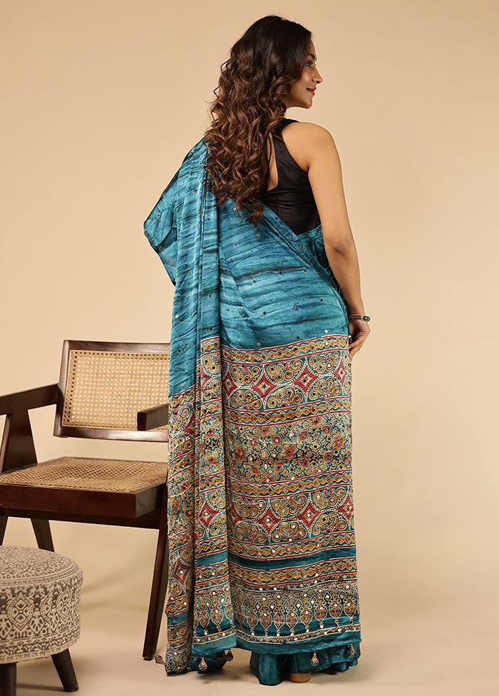 Blue Printed Silk Saree With Blouse Piece