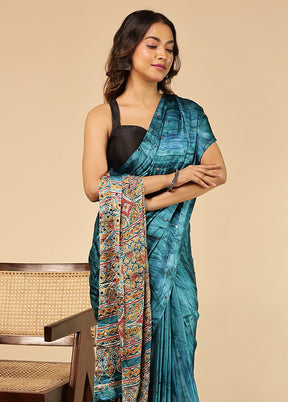 Blue Printed Silk Saree Without Blouse Piece
