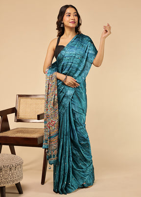 Blue Printed Silk Saree Without Blouse Piece