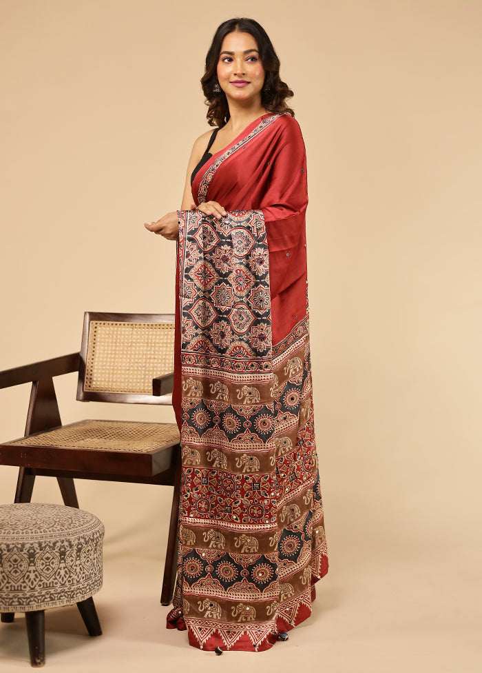 Red Printed Silk Saree Without Blouse Piece