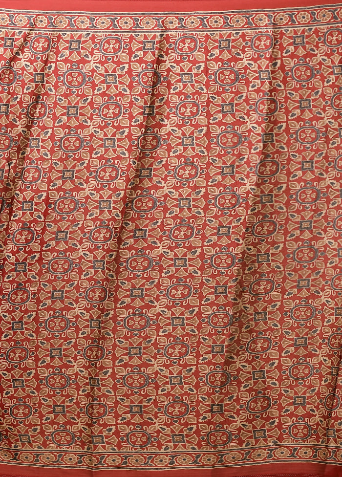 Red Printed Silk Saree Without Blouse Piece