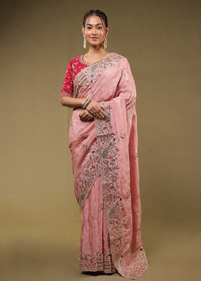 Pink Handloom Pure Georgette Saree Without Blouse Piece