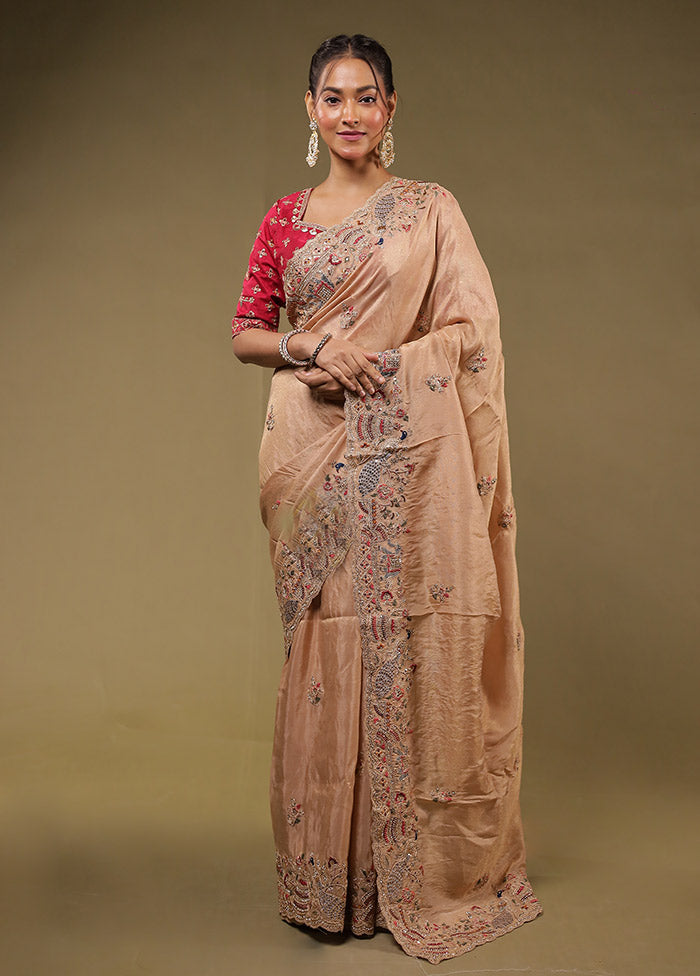 Cream Handloom Pure Georgette Saree Without Blouse Piece