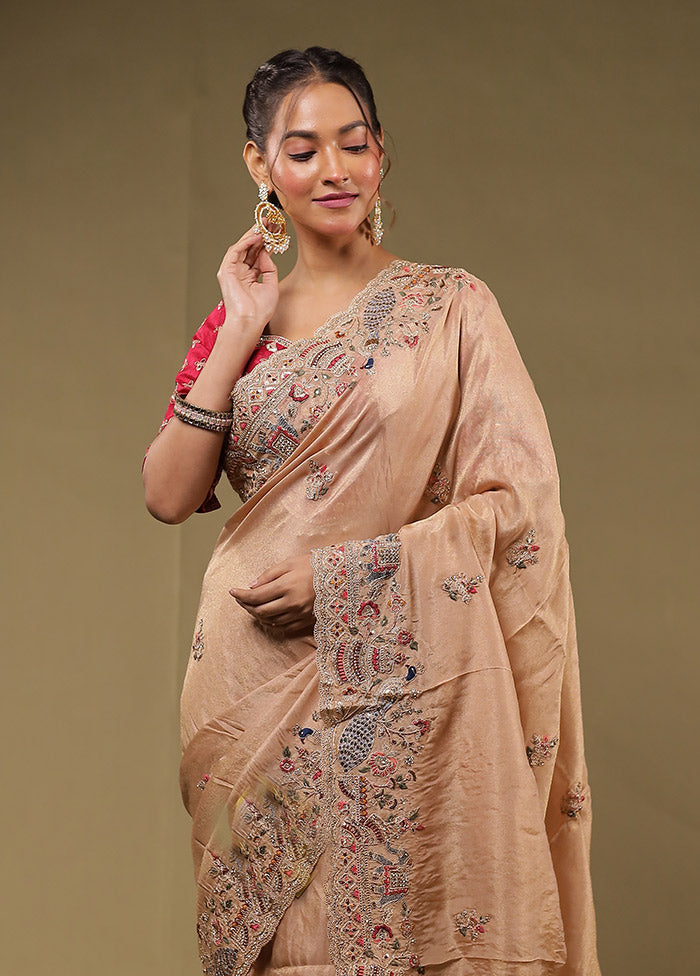 Cream Handloom Pure Georgette Saree Without Blouse Piece