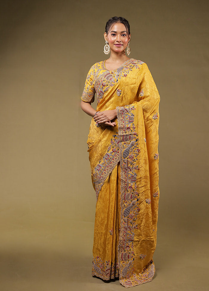 Yellow Handloom Pure Georgette Saree Without Blouse Piece