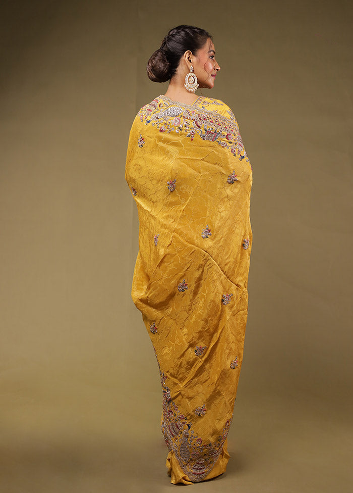 Yellow Handloom Pure Georgette Saree Without Blouse Piece