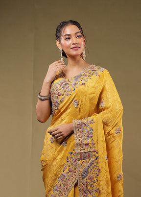 Yellow Handloom Pure Georgette Saree Without Blouse Piece