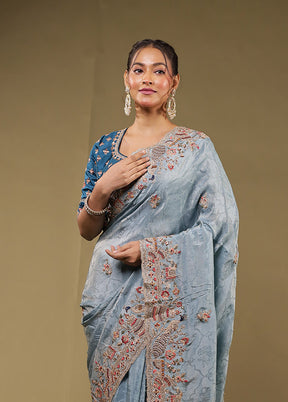 Blue Handloom Pure Georgette Saree With Blouse Piece