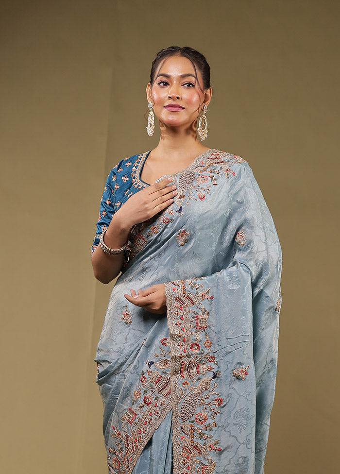 Blue Handloom Pure Georgette Saree With Blouse Piece