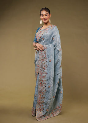 Blue Handloom Pure Georgette Saree With Blouse Piece