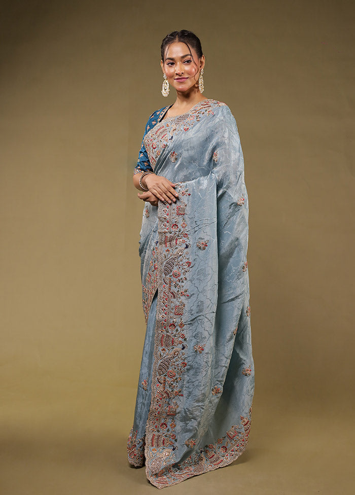Blue Handloom Pure Georgette Saree Without Blouse Piece