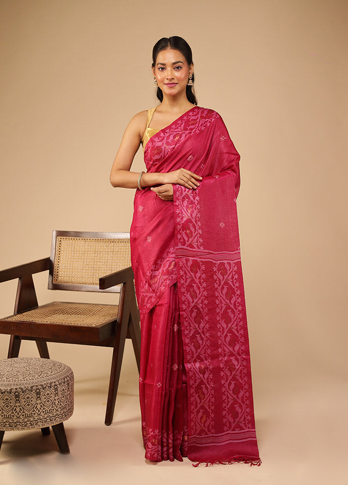 Purple Handloom Tussar Pure Silk Saree With Blouse Piece