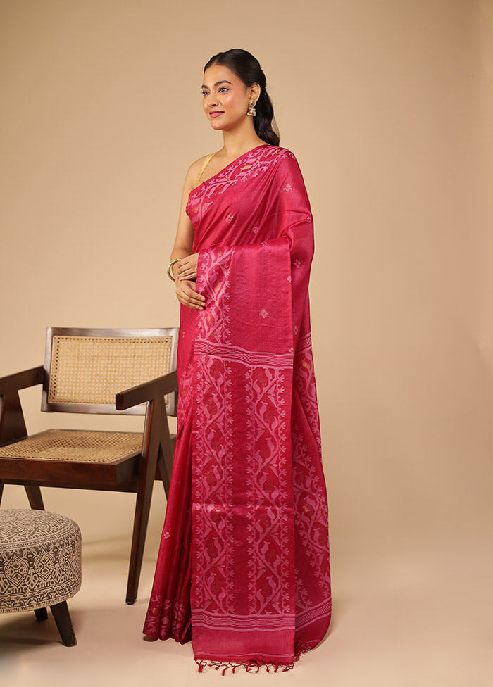 Red Handloom Tussar Pure Silk Saree With Blouse Piece