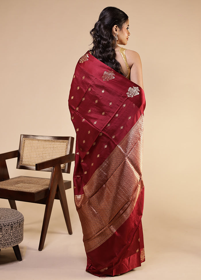 Maroon Handloom Katan Pure Silk Saree With Blouse Piece