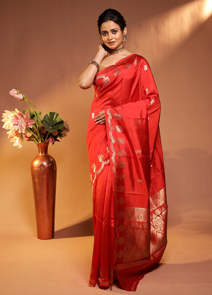 Red Handloom Katan Pure Silk Saree With Blouse Piece