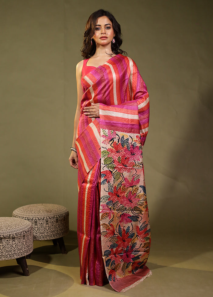 Multicolor Handloom Tussar Pure Silk Saree With Blouse Piece