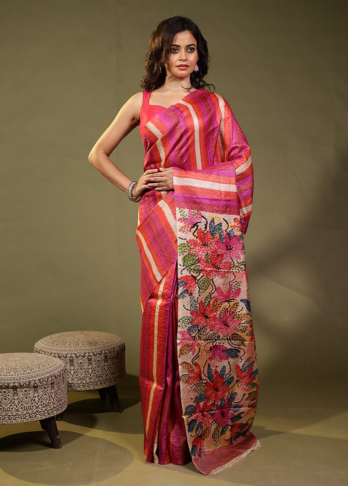 Multicolor Handloom Tussar Pure Silk Saree With Blouse Piece