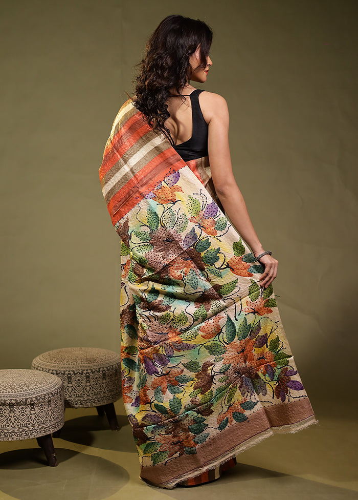 Multicolor Handloom Tussar Pure Silk Saree With Blouse Piece