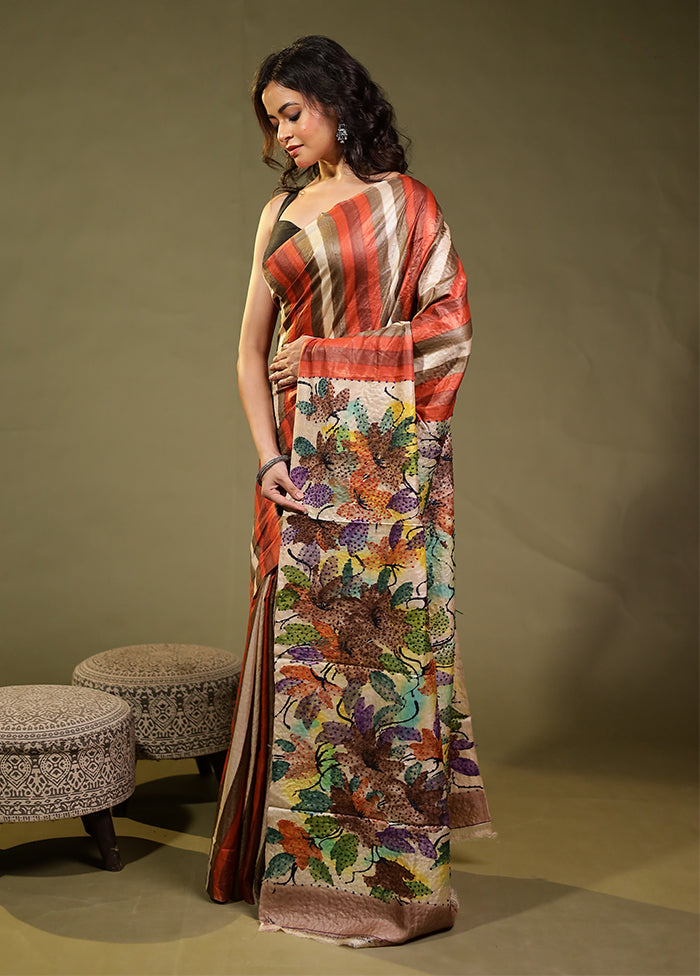Multicolor Handloom Tussar Pure Silk Saree With Blouse Piece