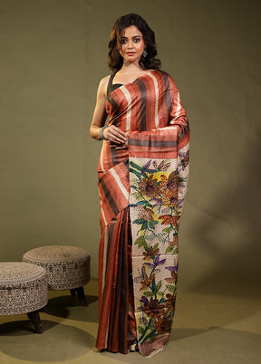 Pink Handloom Tussar Pure Silk Saree With Blouse Piece