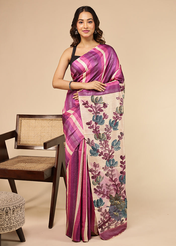 Purple Handloom Tussar Pure Silk Saree With Blouse Piece