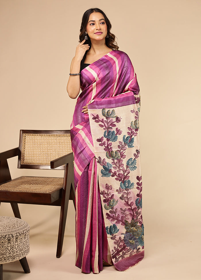 Purple Handloom Tussar Pure Silk Saree With Blouse Piece