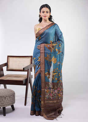 Blue Handloom Tussar Pure Silk Saree With Blouse Piece