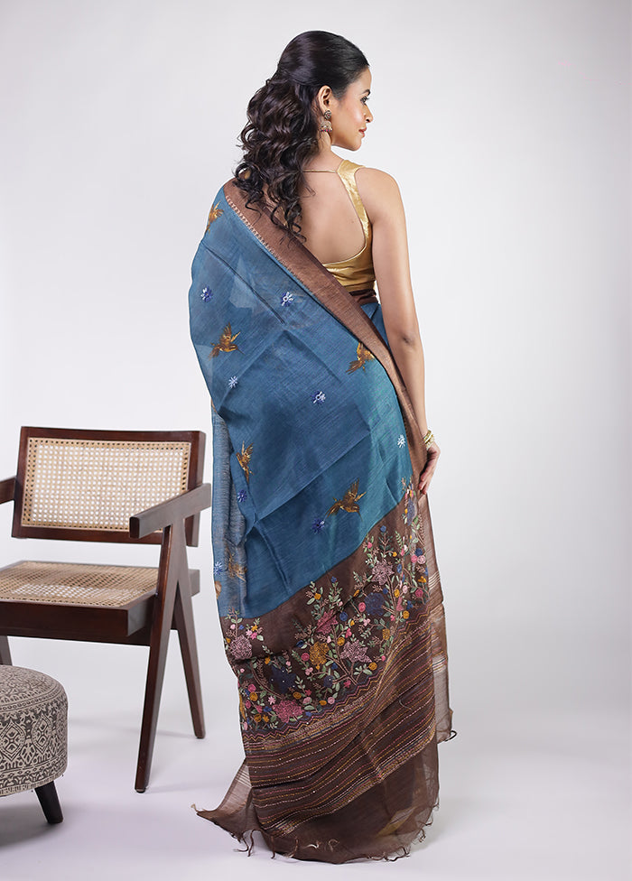 Blue Handloom Tussar Pure Silk Saree With Blouse Piece