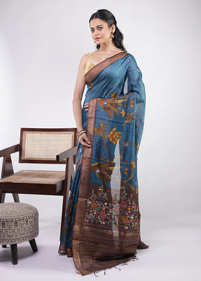 Blue Handloom Tussar Pure Silk Saree With Blouse Piece