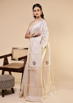 Cream Tussar Silk Saree With Blouse Piece