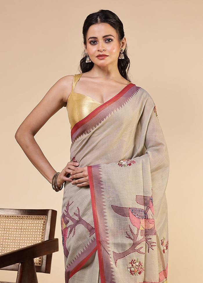 Grey Linen Silk Saree With Blouse Piece