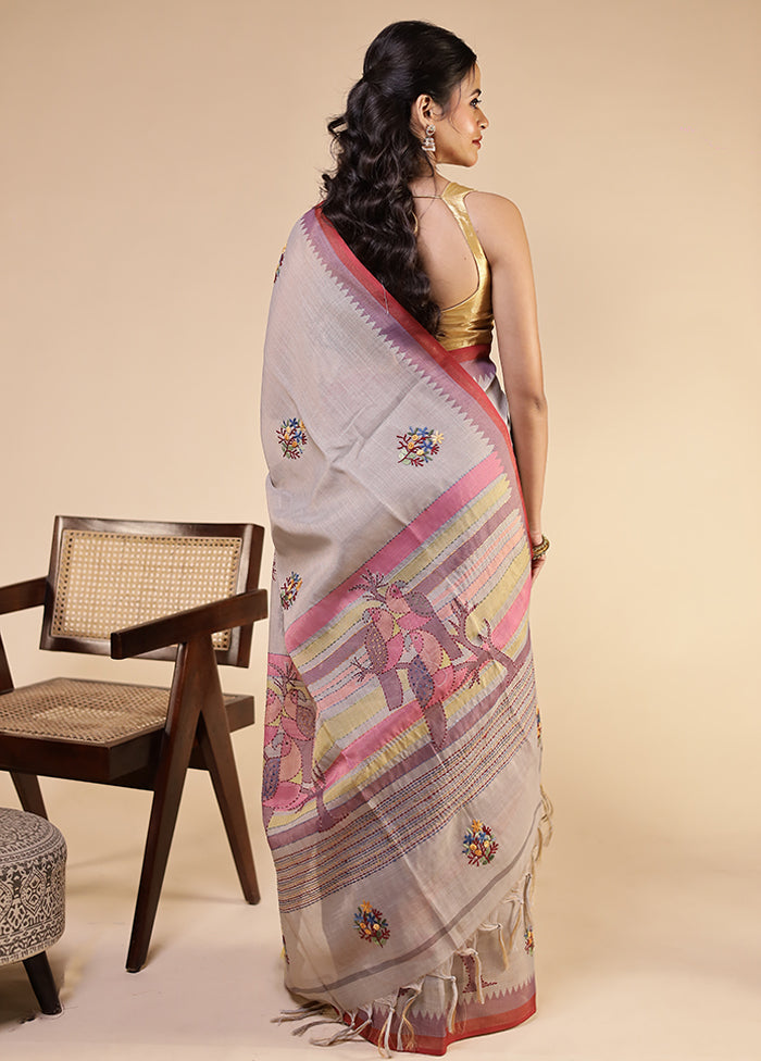 Grey Linen Silk Saree With Blouse Piece