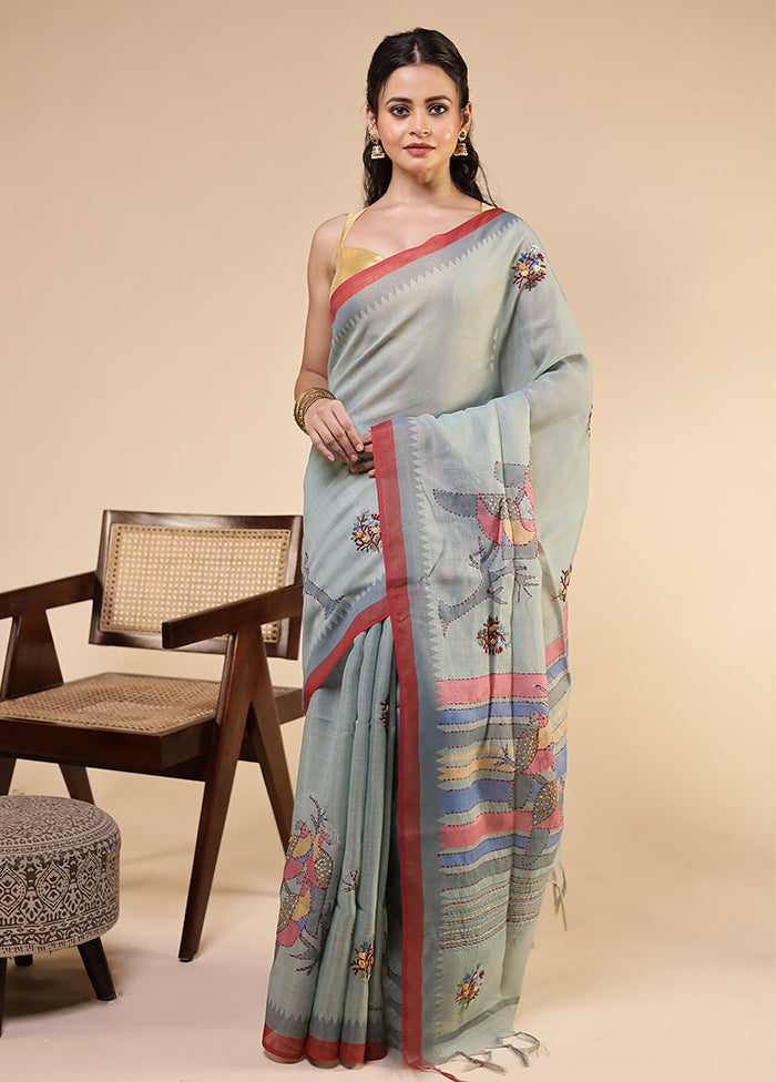 Grey Linen Silk Saree With Blouse Piece